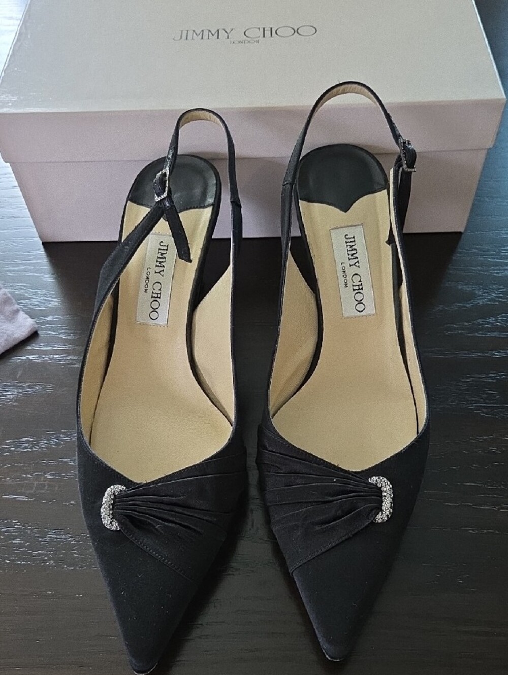 Jimmy Choo Black Satin Pointed Toe Slingback Heels with Crystal Accent - Picture 2 of 7